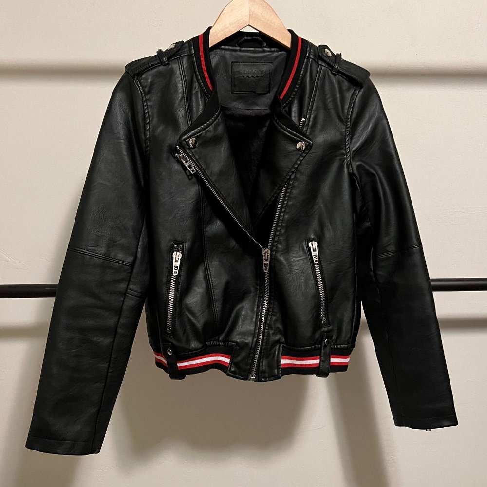 Blank NYC Black Vegan Leather Biker Jacket with Red Racing Stripe Accents S
